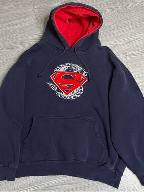 Vintage 2001 Superman Hoodie Mens Sz L Sweatshirt Raised Chenille Logo Dragon